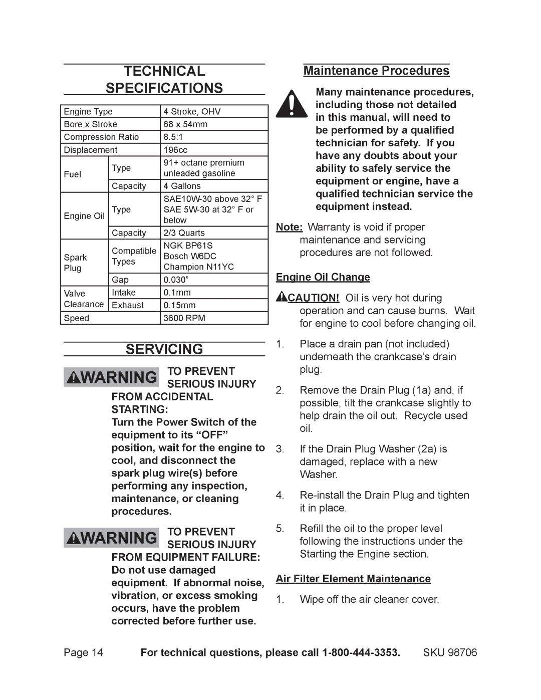 Chicago Electric 98706 manual Technical Specifications, Servicing, Maintenance Procedures, Air Filter Element Maintenance 