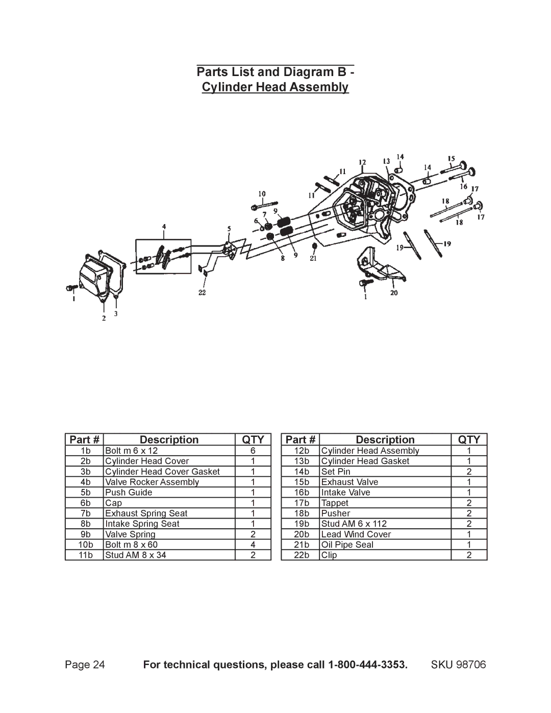 Chicago Electric 98706 manual Parts List and Diagram B Cylinder Head Assembly 