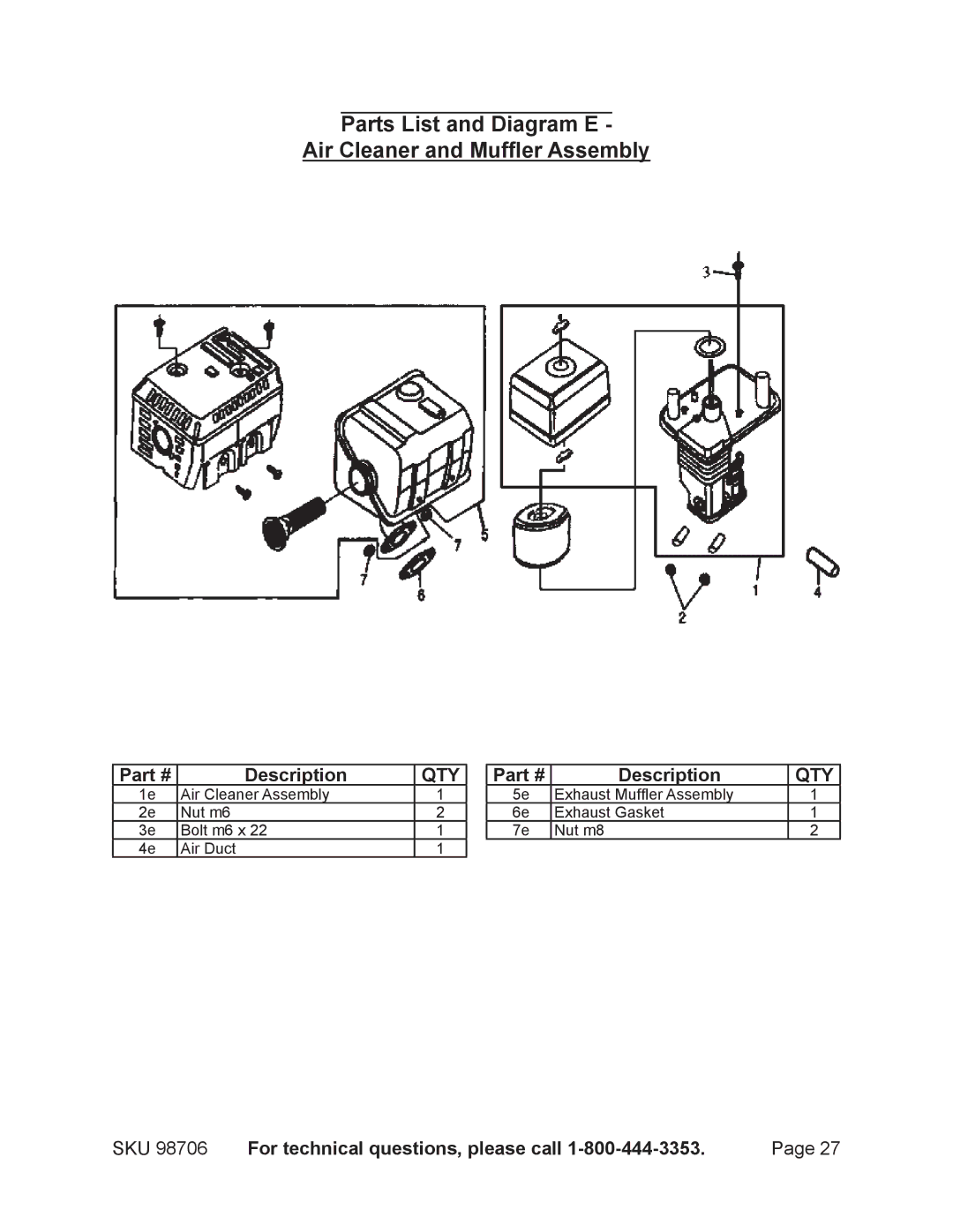 Chicago Electric 98706 manual Parts List and Diagram E Air Cleaner and Muffler Assembly 