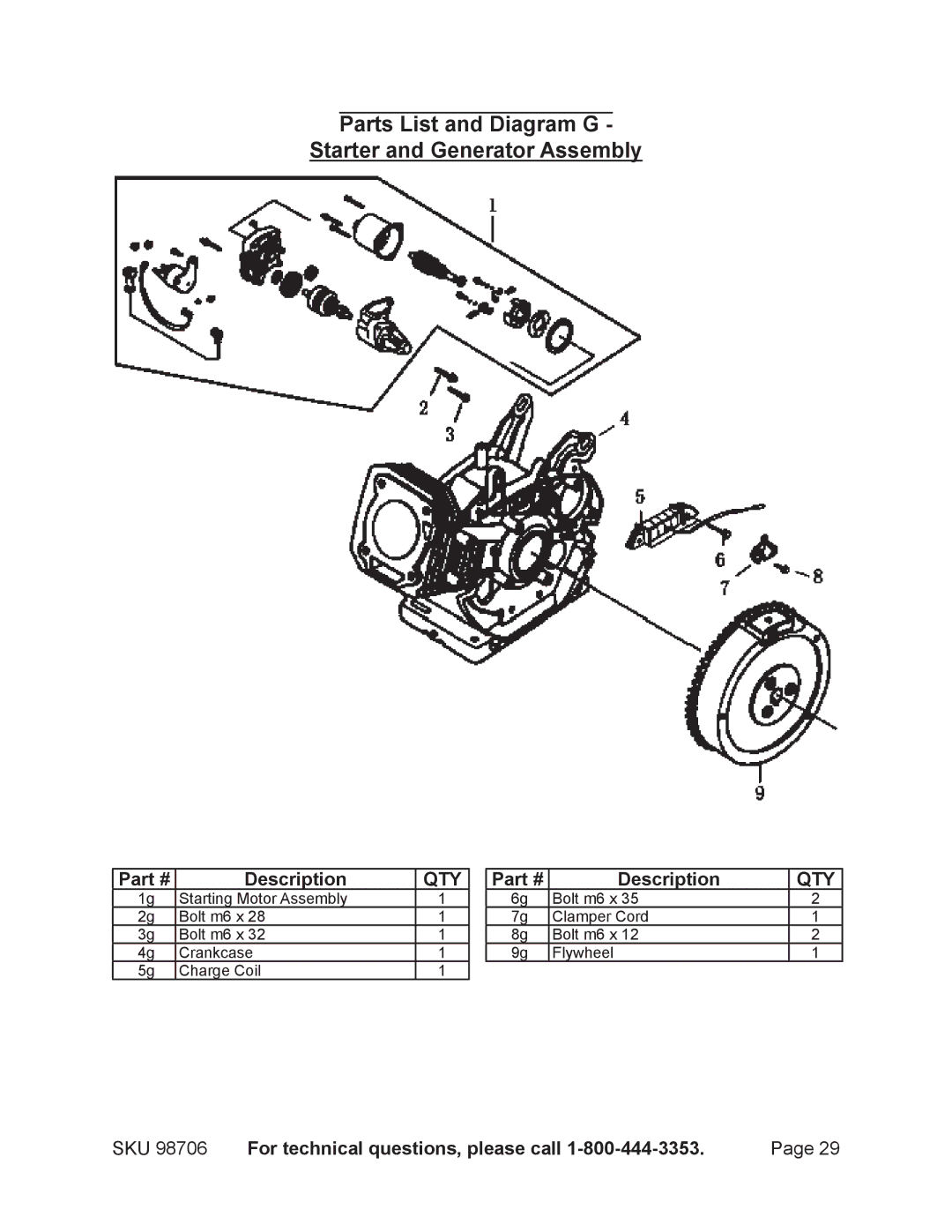 Chicago Electric 98706 manual Parts List and Diagram G Starter and Generator Assembly 