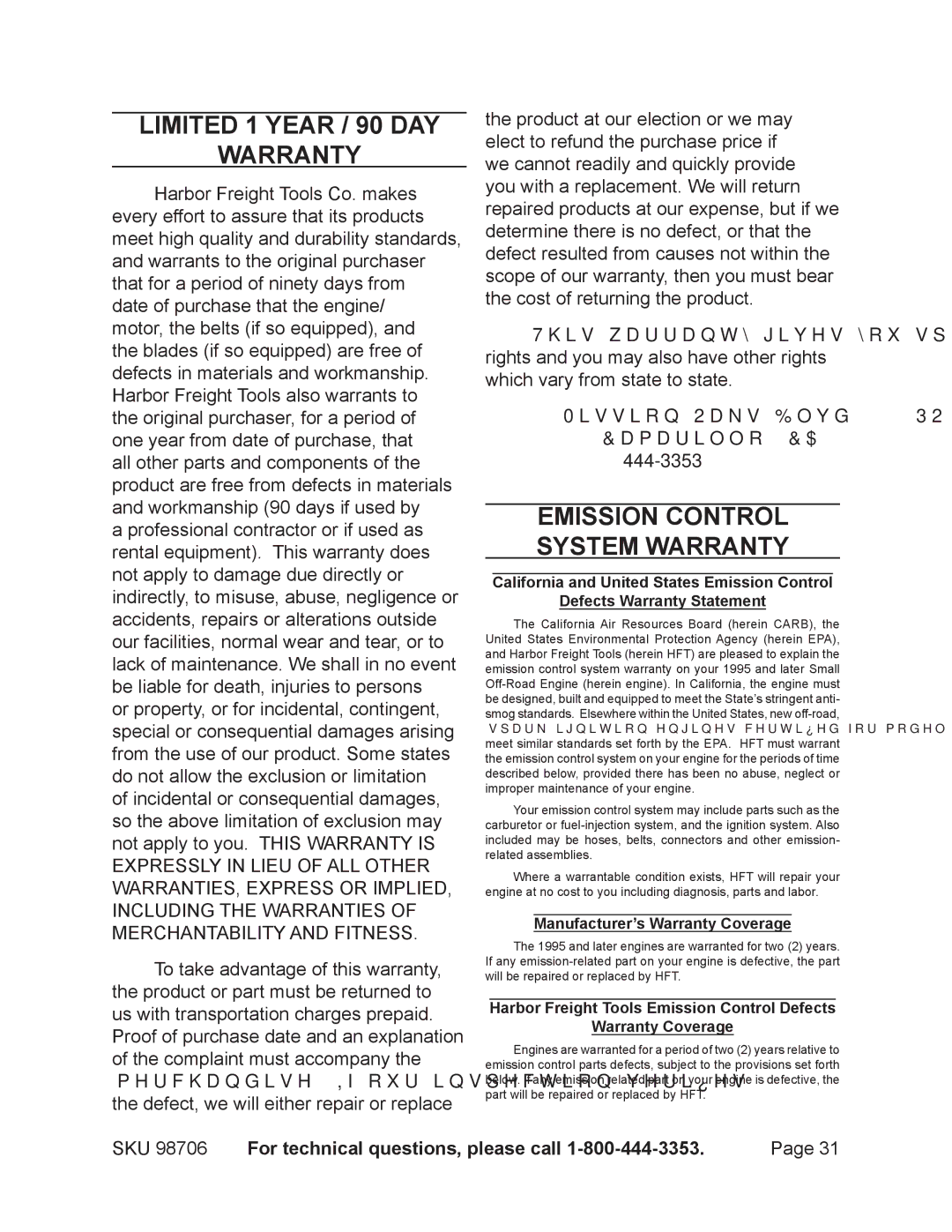 Chicago Electric 98706 manual Limited 1 year / 90 Day Warranty, Emission Control System Warranty 