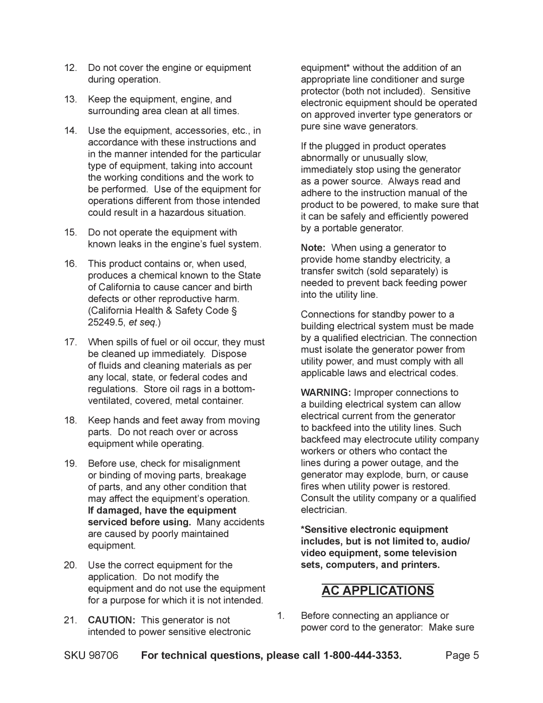 Chicago Electric 98706 manual AC Applications 