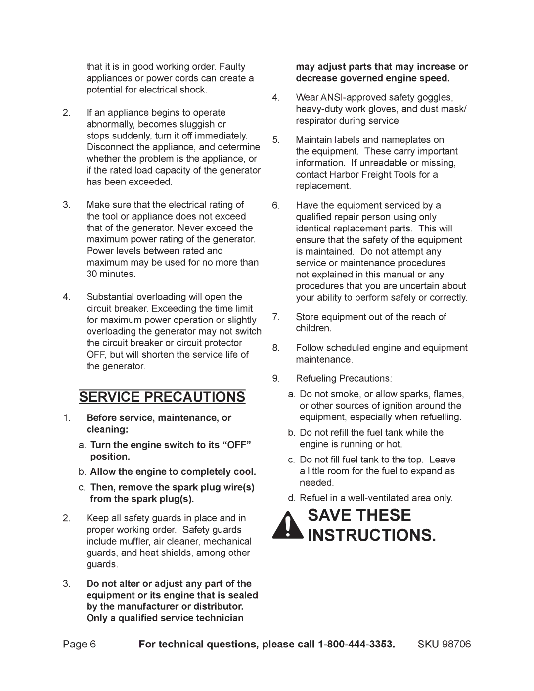 Chicago Electric 98706 manual Service precautions 