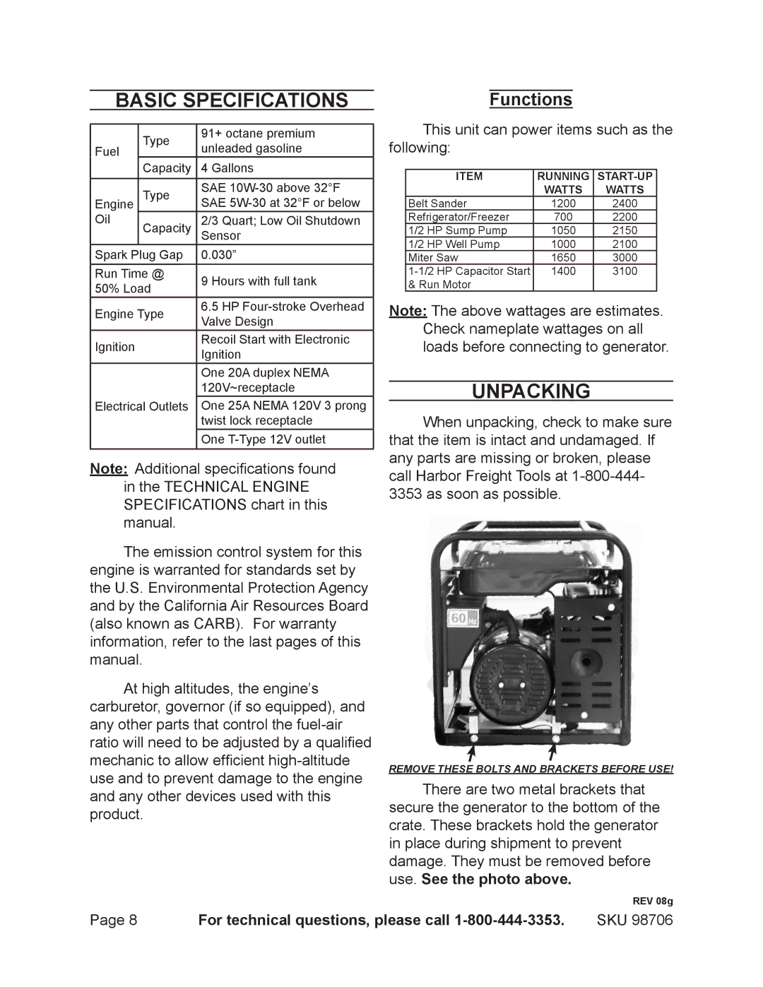 Chicago Electric 98706 manual Basic Specifications, Unpacking, Functions 