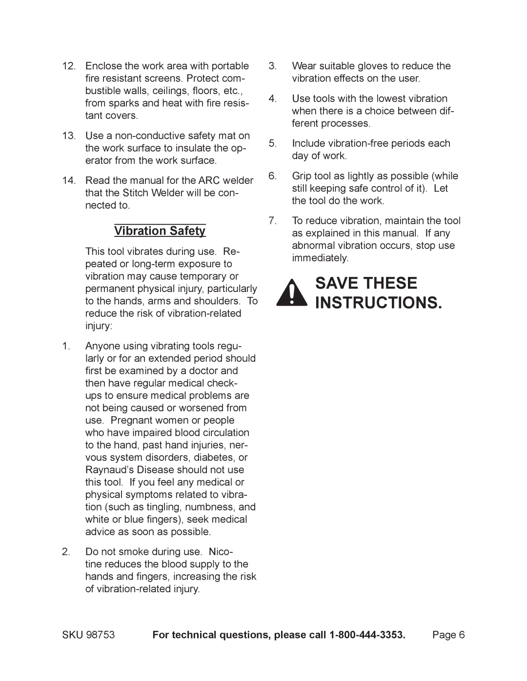 Chicago Electric 98753 operating instructions Vibration Safety 