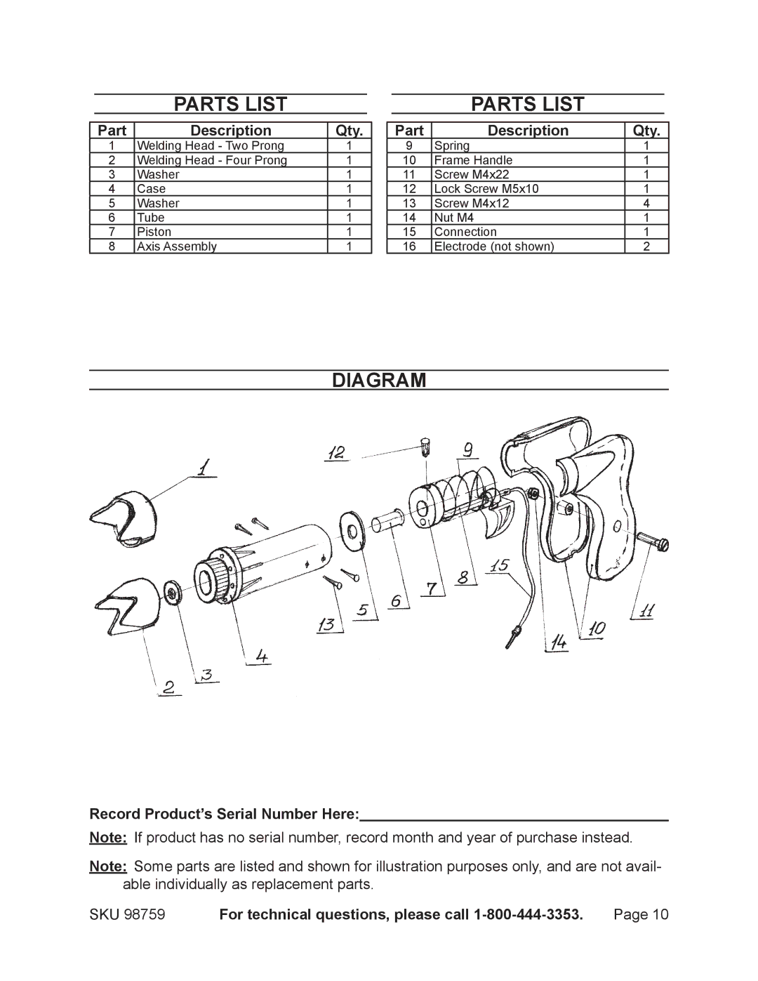 Chicago Electric 98759 operating instructions Parts List, Diagram 