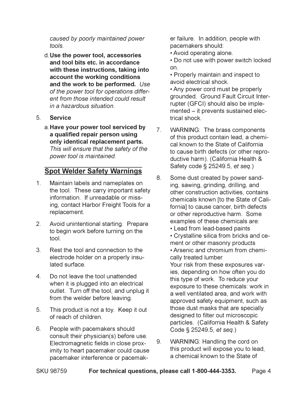 Chicago Electric 98759 operating instructions Spot Welder Safety Warnings 