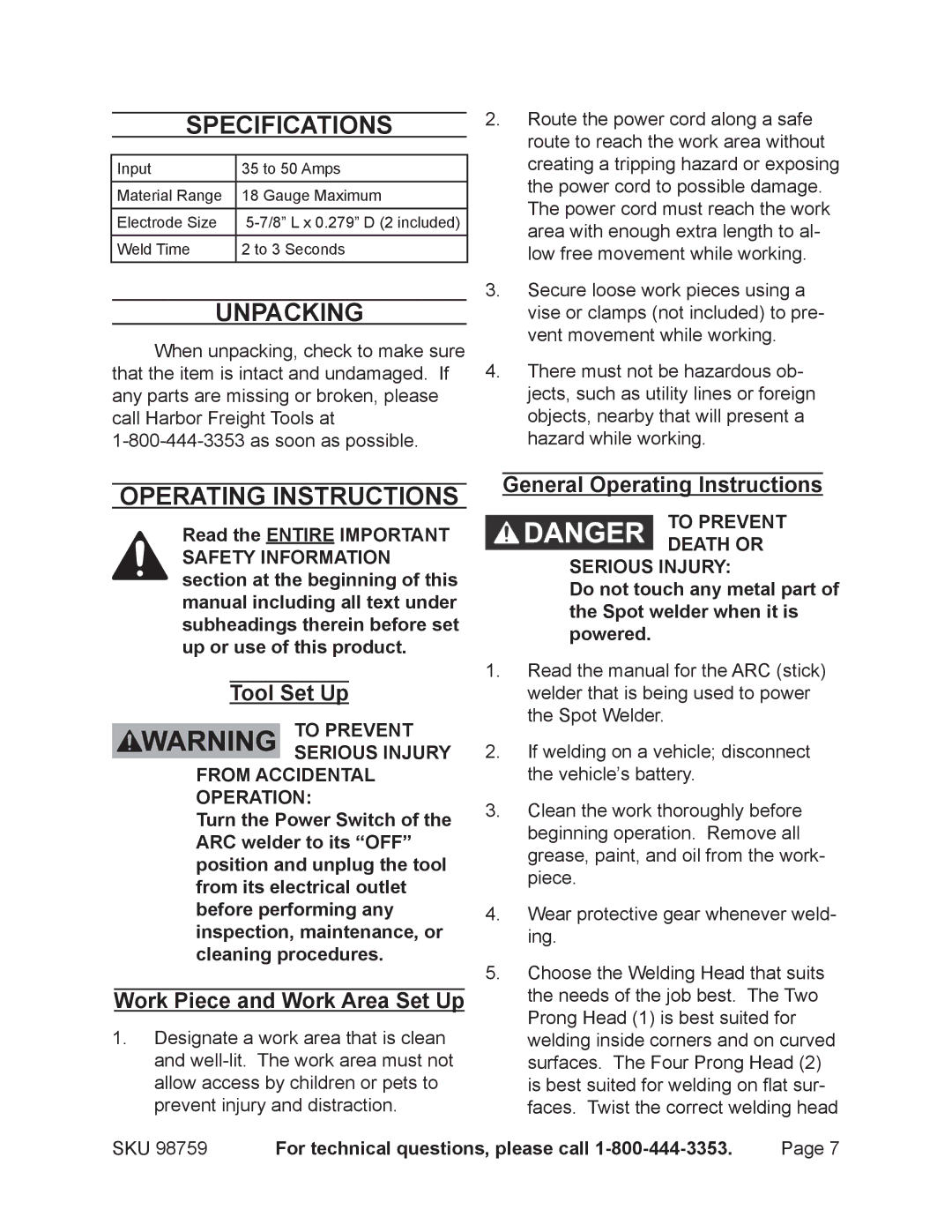 Chicago Electric 98759 operating instructions Specifications, Unpacking, Operating Instructions 