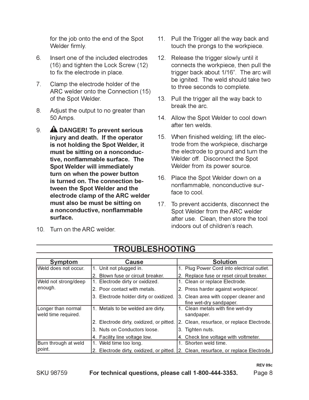 Chicago Electric 98759 operating instructions Troubleshooting, Symptom Cause Solution 