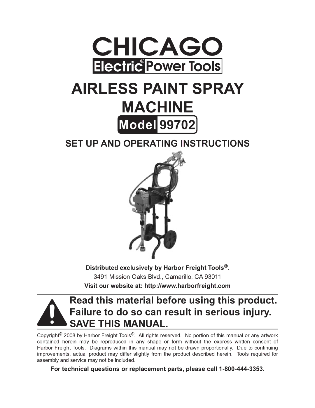 Chicago Electric 99702 operating instructions Distributed exclusively by Harbor Freight Tools 