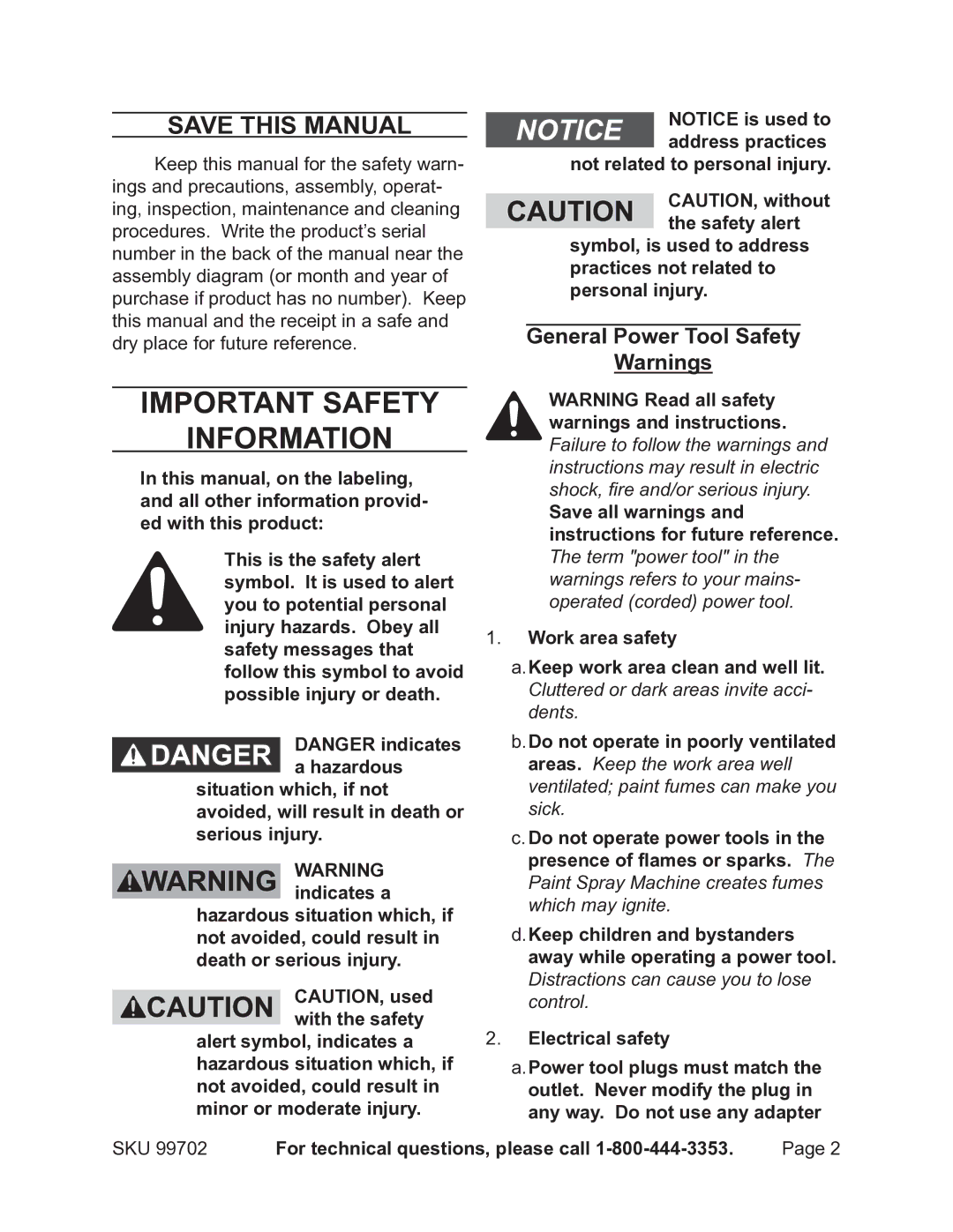 Chicago Electric 99702 Save This Manual, General Power Tool Safety, For technical questions, please call 