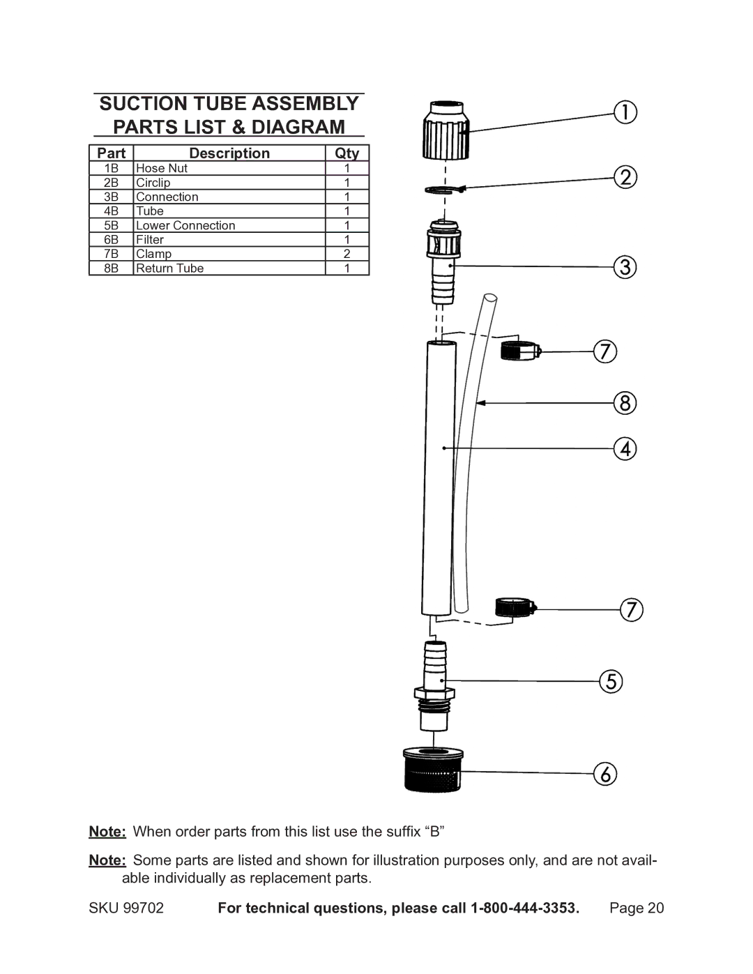 Chicago Electric 99702 operating instructions Suction tube assembly Parts List & diagram, Part Description Qty 