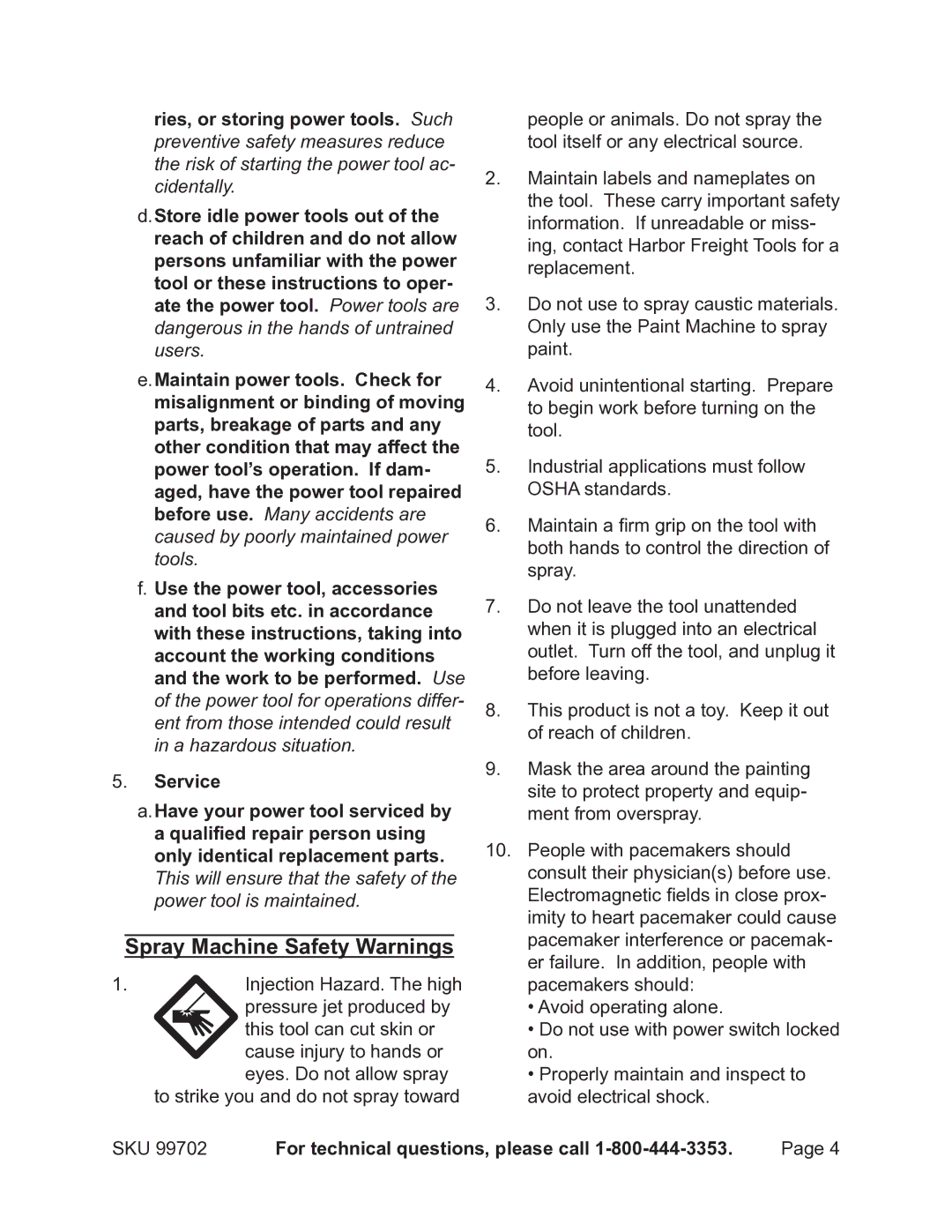 Chicago Electric 99702 operating instructions Spray Machine Safety Warnings 