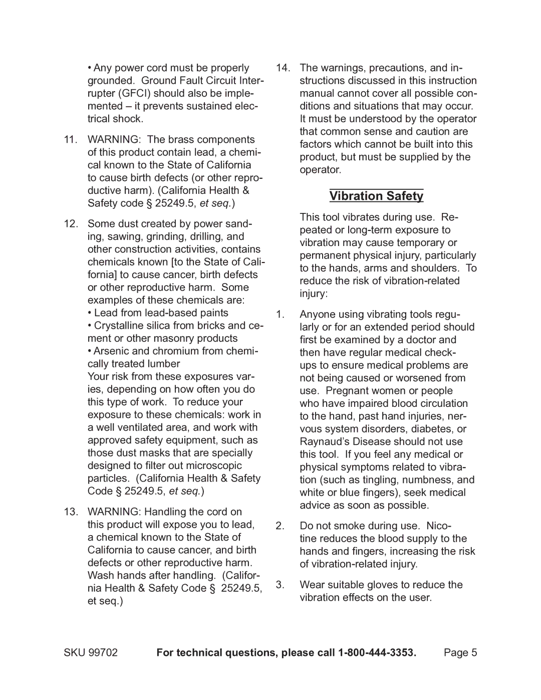 Chicago Electric 99702 operating instructions Vibration Safety 