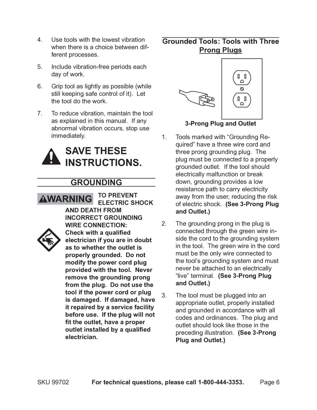 Chicago Electric 99702 operating instructions Grounding, Grounded Tools Tools with Three Prong Plugs, Plug and Outlet 