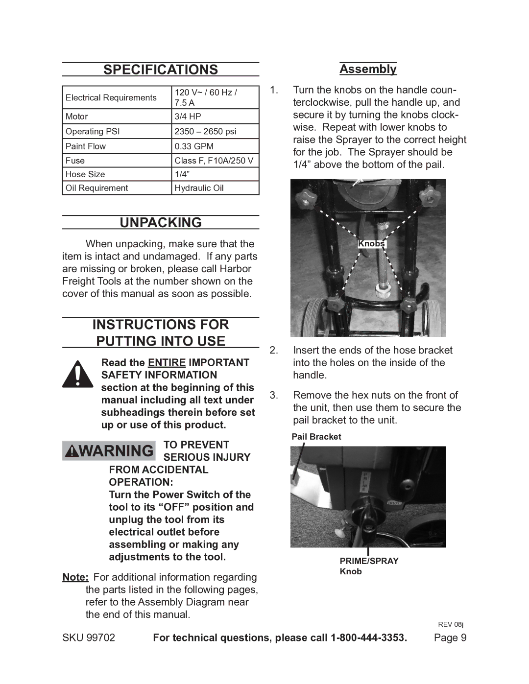 Chicago Electric 99702 operating instructions SpecificationsAssembly, Unpacking, Instructions for putting into use 