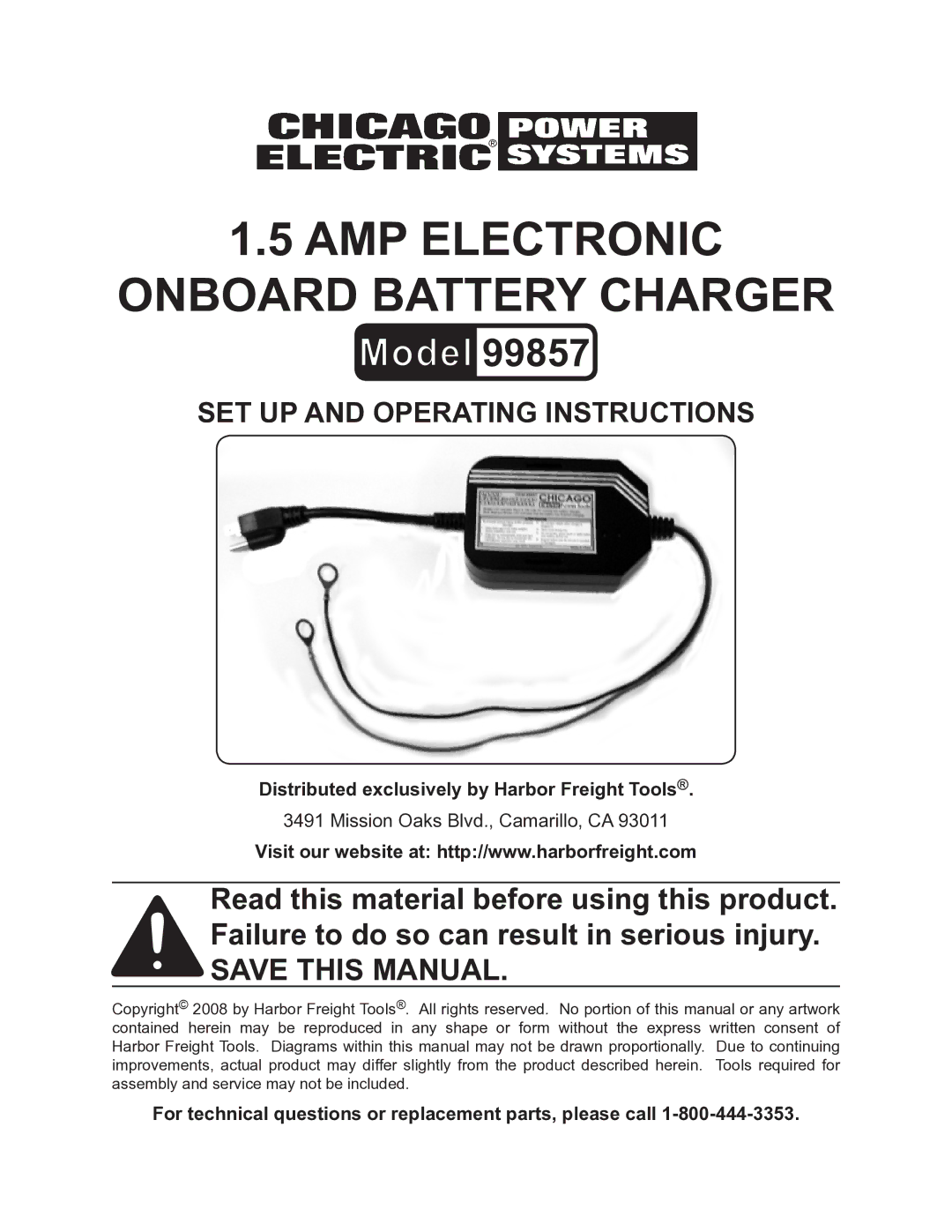 Chicago Electric 99857 operating instructions Distributed exclusively by Harbor Freight Tools 