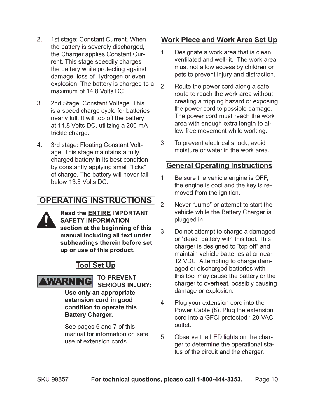 Chicago Electric 99857 operating instructions Operating Instructions, Tool Set Up, Work Piece and Work Area Set Up 