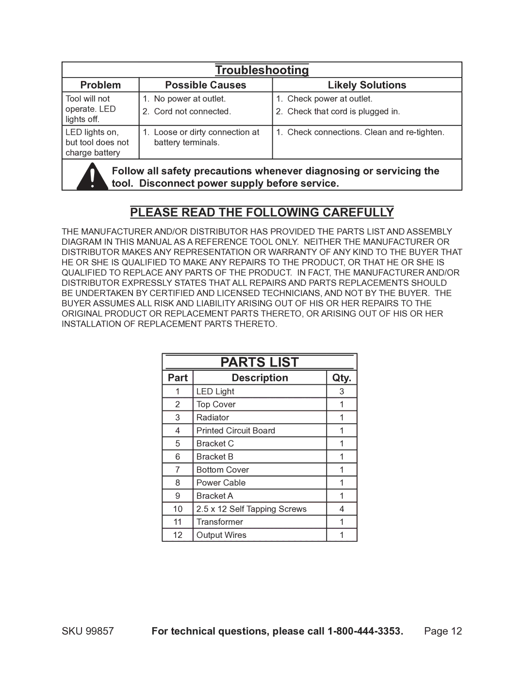 Chicago Electric 99857 Parts List, Troubleshooting, Problem Possible Causes Likely Solutions, Part Description Qty 