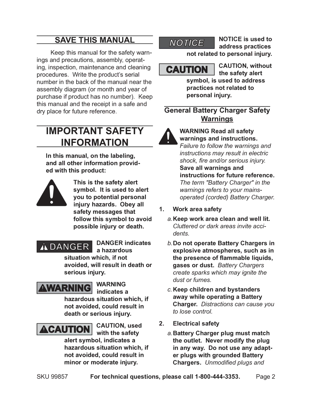 Chicago Electric 99857 Save This Manual, General Battery Charger Safety, For technical questions, please call 