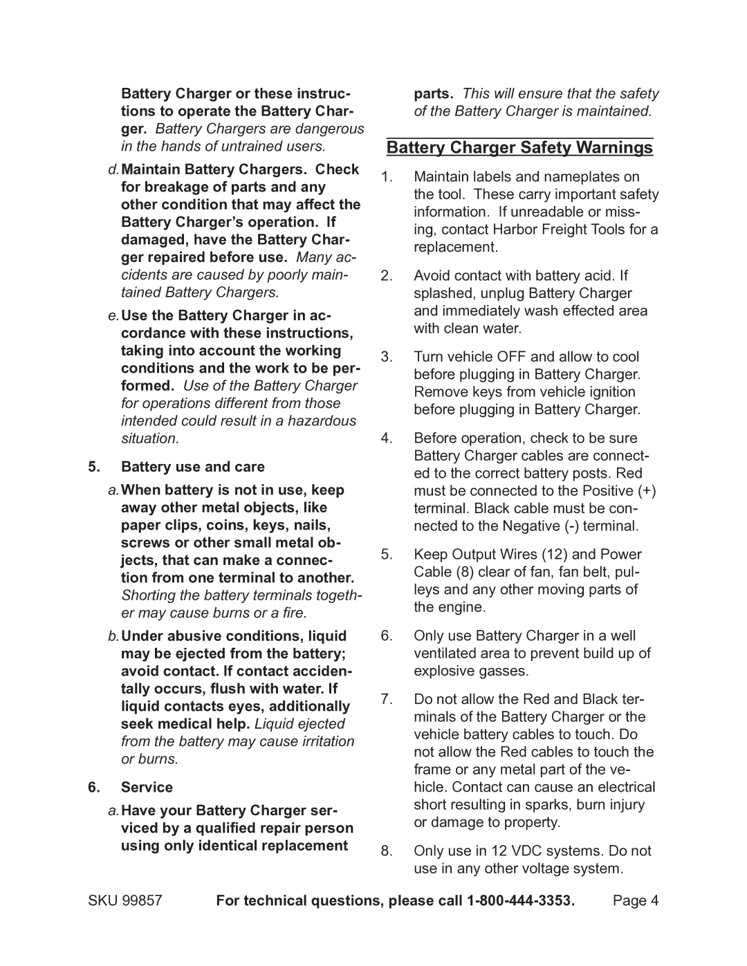 Chicago Electric 99857 operating instructions Battery Charger Safety Warnings 