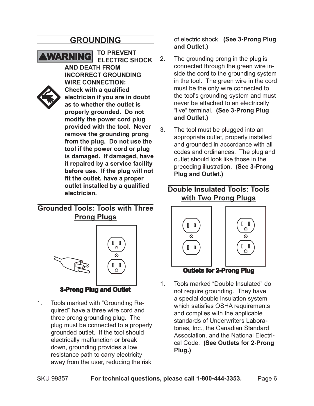 Chicago Electric 99857 operating instructions Grounding, Double Insulated Tools Tools With Two Prong Plugs 