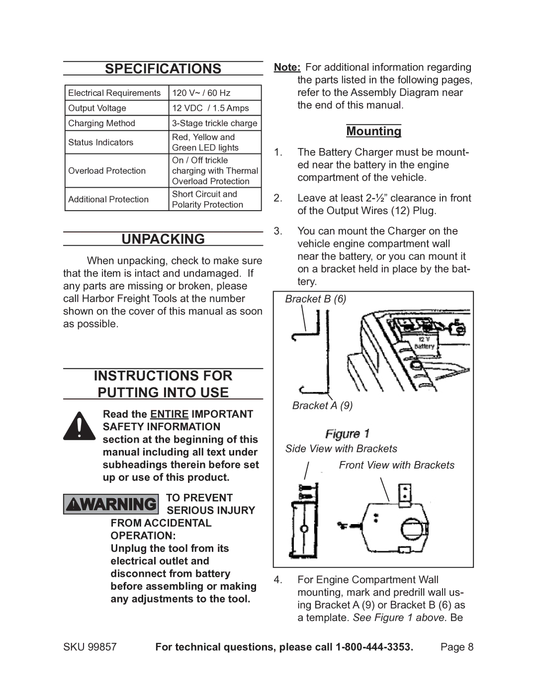 Chicago Electric 99857 operating instructions Specifications, Unpacking, Instructions for putting into use, Mounting 