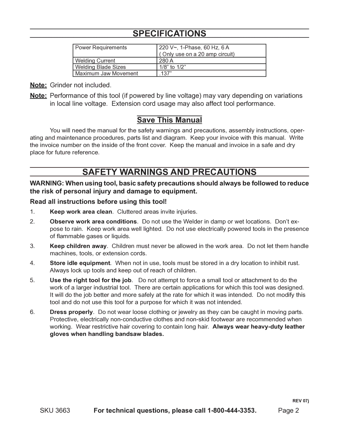 Chicago Electric BANDSAW BLADE WELDER, 3663 operating instructions Specifications, Safety Warnings and Precautions 