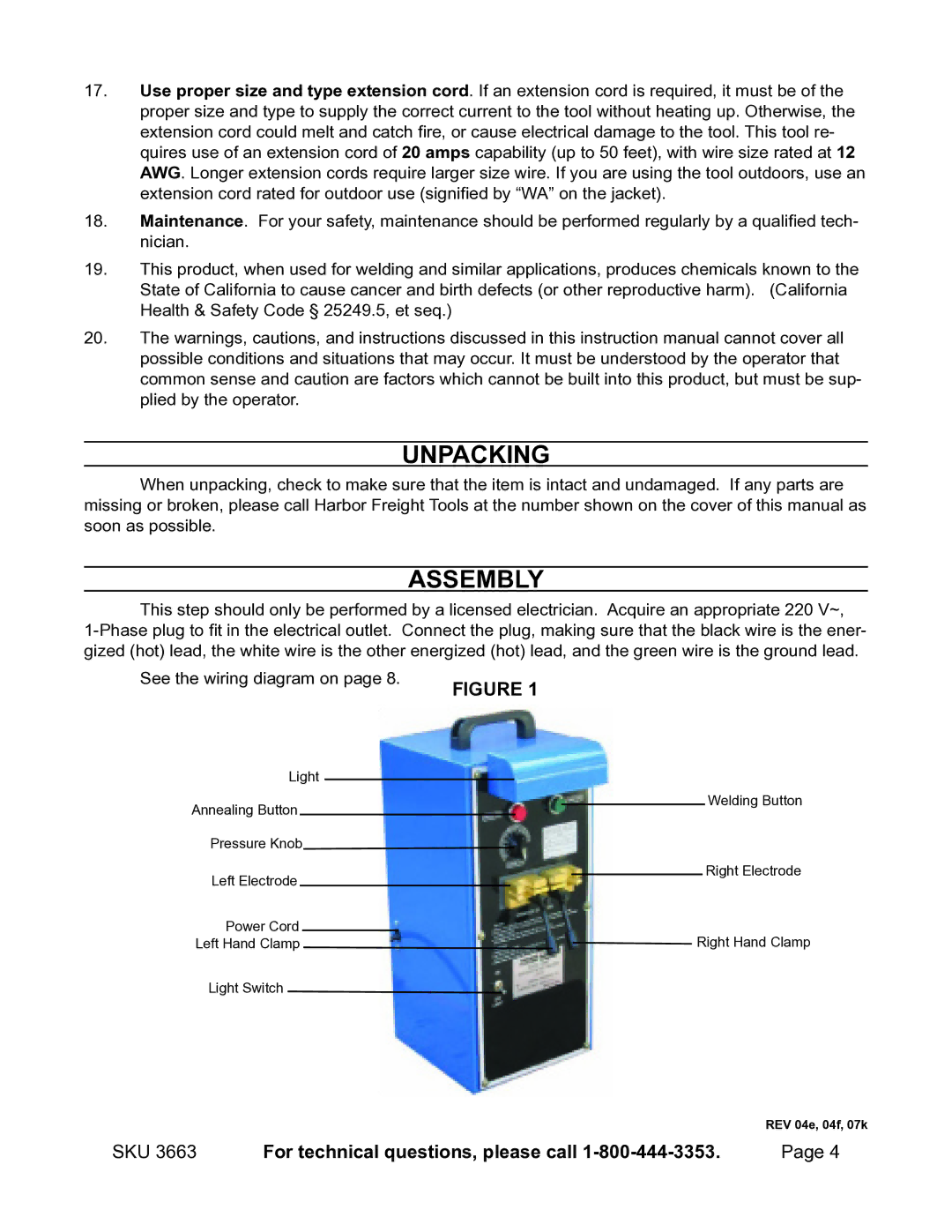 Chicago Electric BANDSAW BLADE WELDER, 3663 operating instructions Unpacking, Assembly 