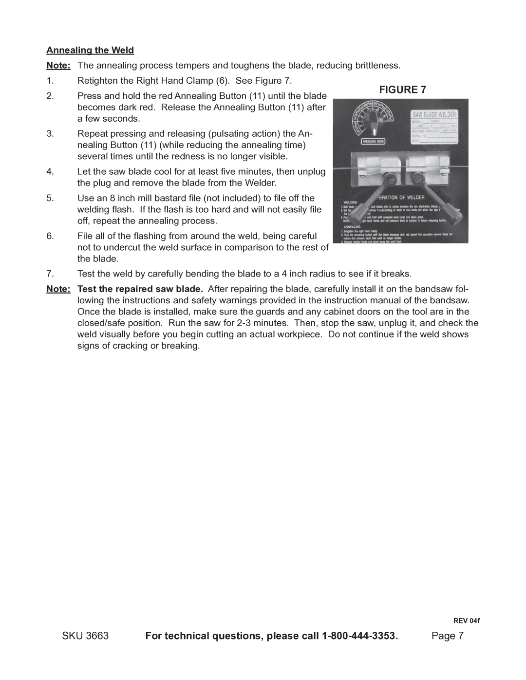 Chicago Electric 3663, BANDSAW BLADE WELDER operating instructions Annealing the Weld 