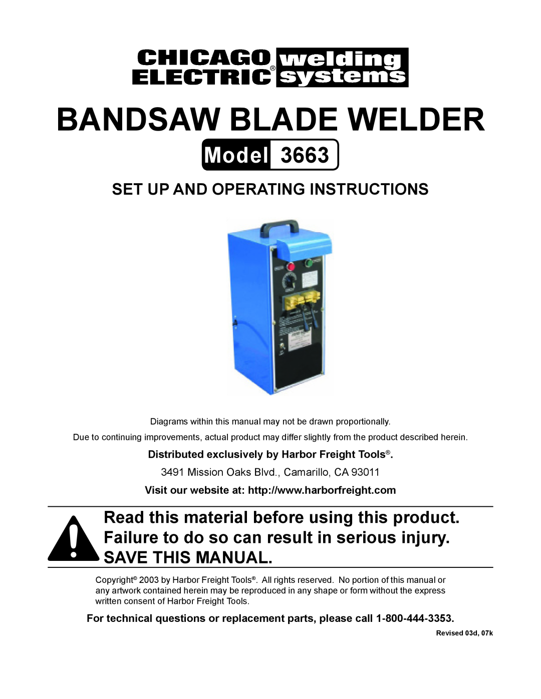 Chicago Electric 3663 operating instructions Distributed exclusively by Harbor Freight Tools, Bandsaw Blade Welder, Model 