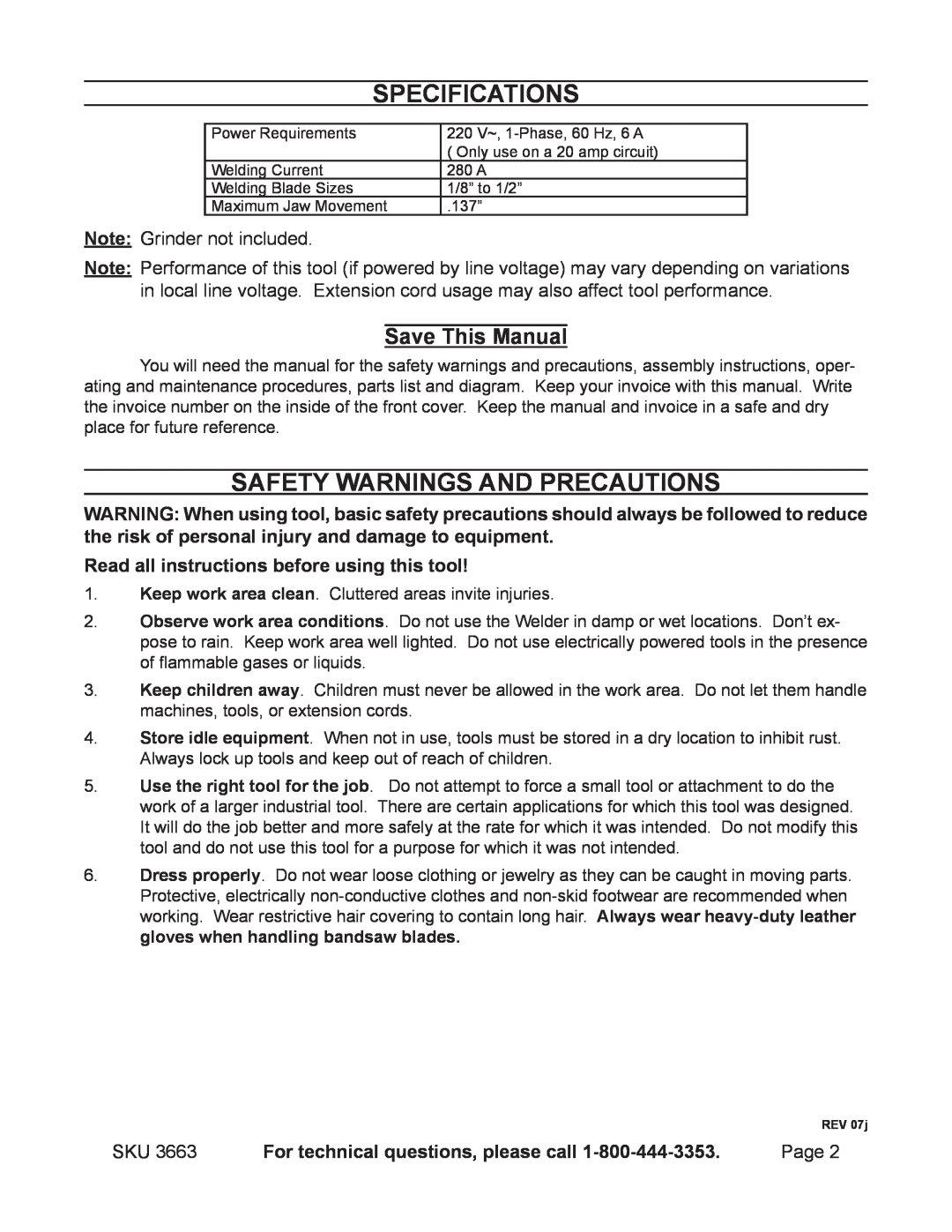 Chicago Electric BANDSAW BLADE WELDER, 3663 Specifications, Safety Warnings and Precautions, Save This Manual, Page 