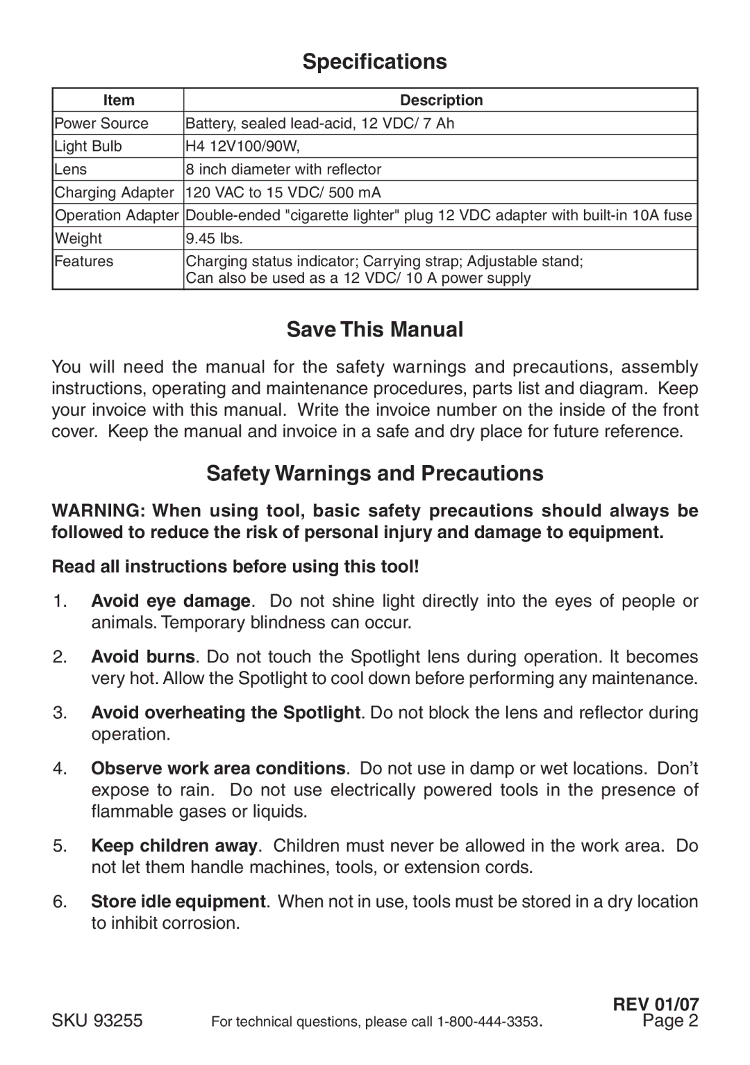 Chicago Electric CA93011, 93255 operating instructions Specifications, Save This Manual, Safety Warnings and Precautions 