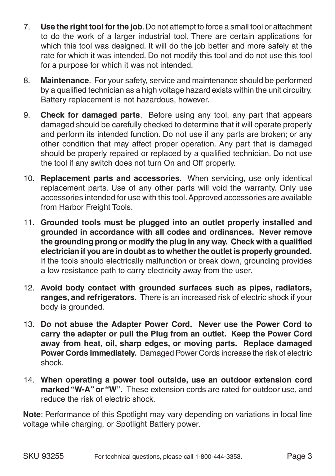 Chicago Electric 93255, CA93011 operating instructions Sku 