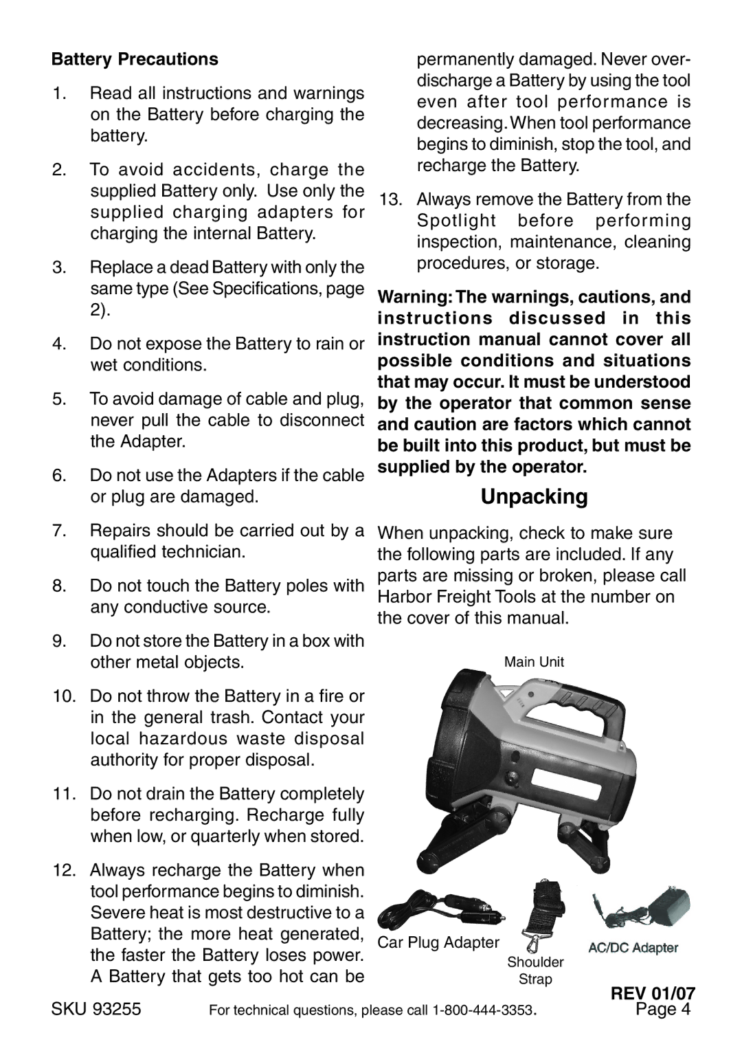 Chicago Electric CA93011, 93255 operating instructions Battery Precautions, Be built into this product, but must be 