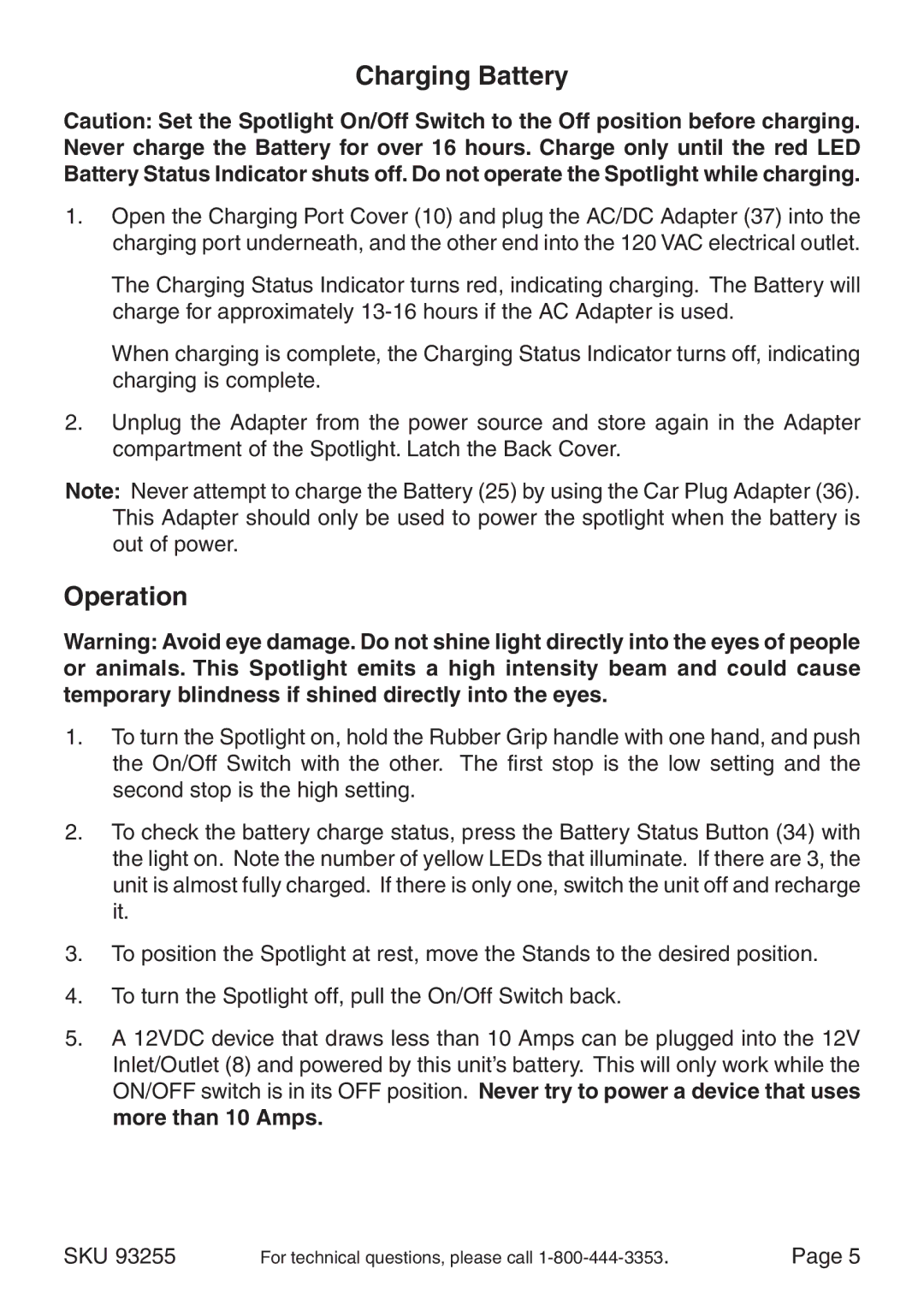 Chicago Electric 93255, CA93011 operating instructions Charging Battery, Operation 