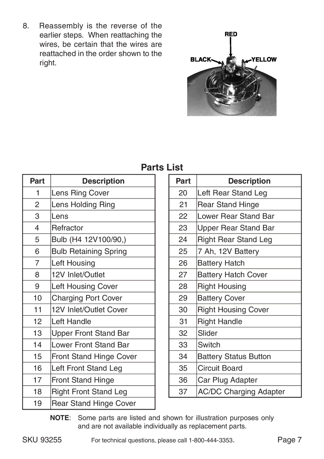 Chicago Electric 93255, CA93011 operating instructions Parts List, Part Description 