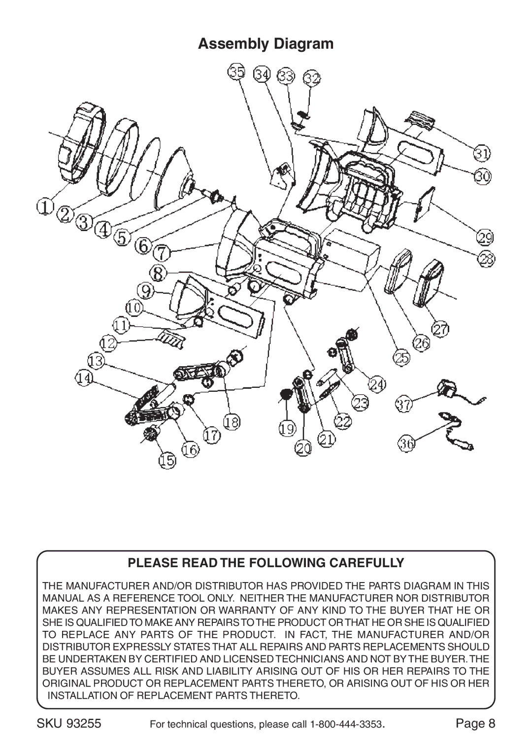 Chicago Electric CA93011, 93255 operating instructions Assembly Diagram, Please Read the Following Carefully 