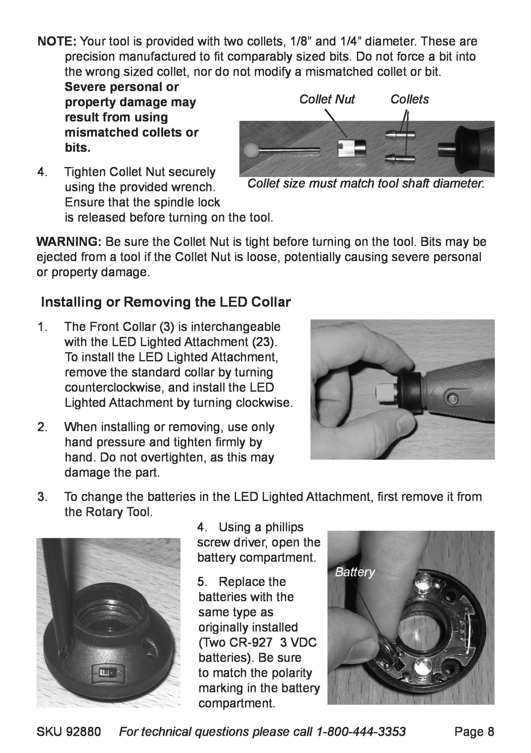 Chicago Electric 92880 Installing or Removing the LED Collar, Battery, Severe personal or, mismatched collets or bits 