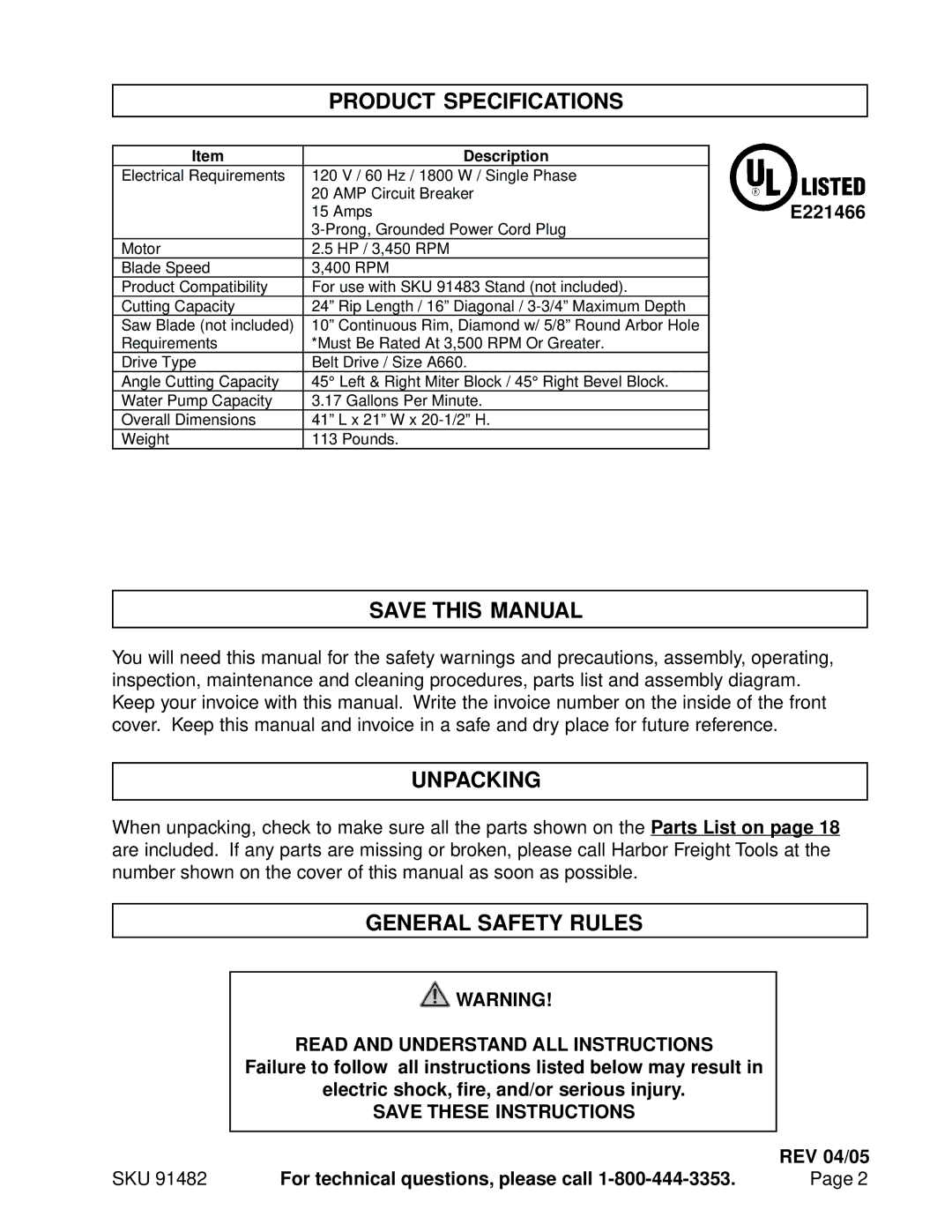 Chicago Electric Cookerhoods Product Specifications, Save this Manual, Unpacking, General Safety Rules, E221466 