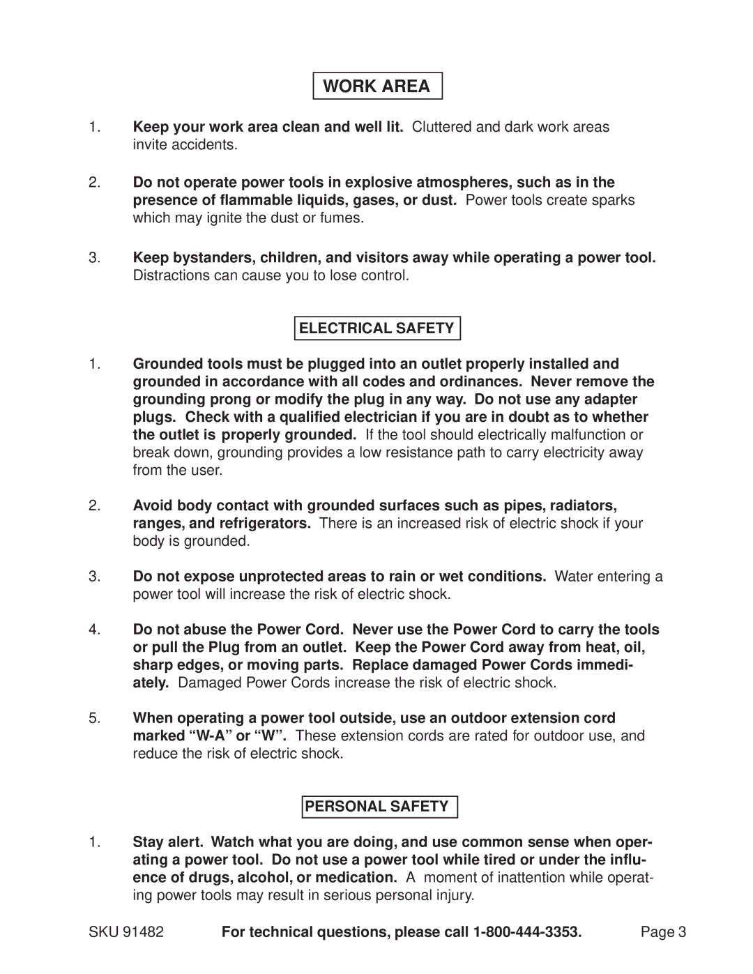 Chicago Electric Cookerhoods operating instructions Work Area, Electrical Safety, Personal Safety 