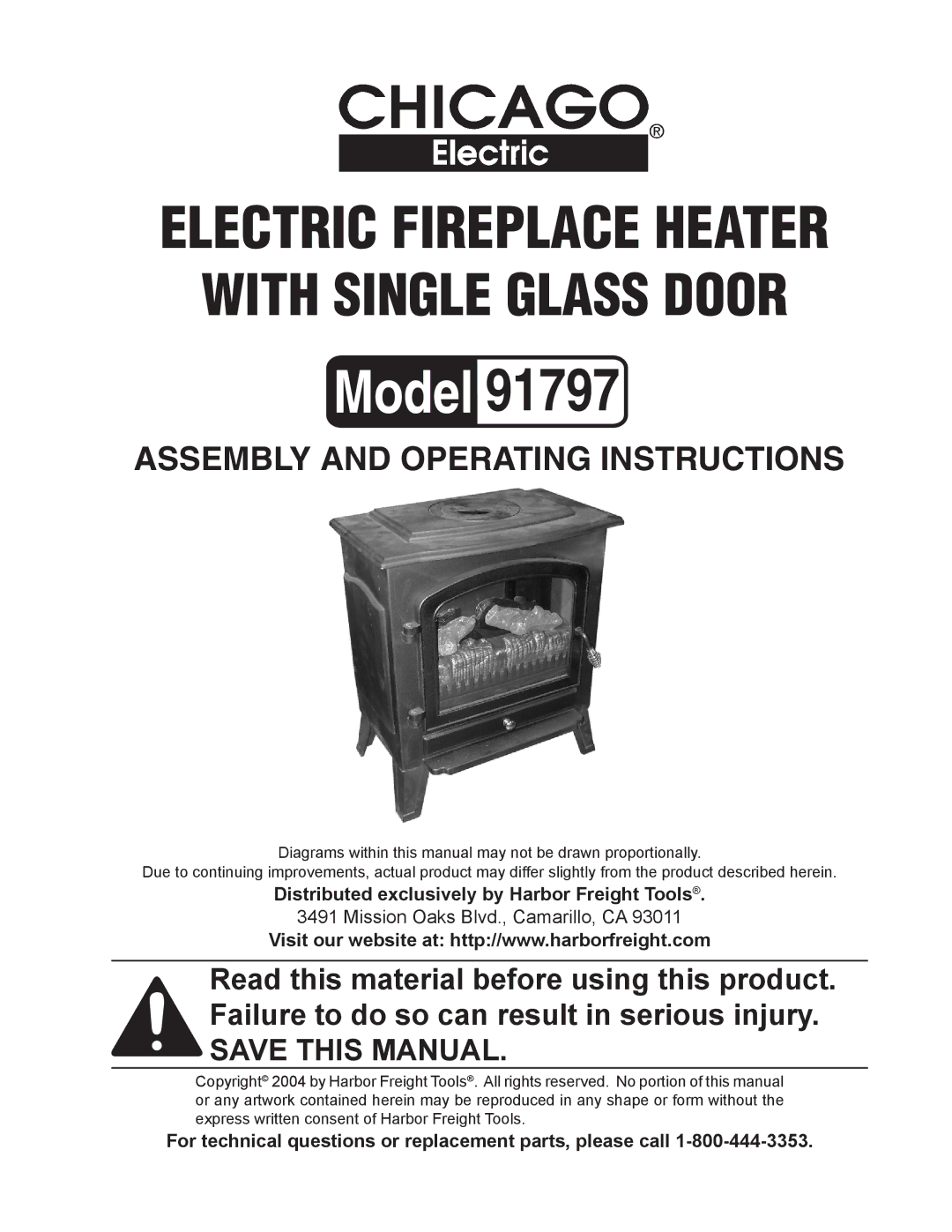 Chicago Electric ELECTRIC FIREPLACE HEATER WITH SINGLE GLASS DOOR manual 91797 