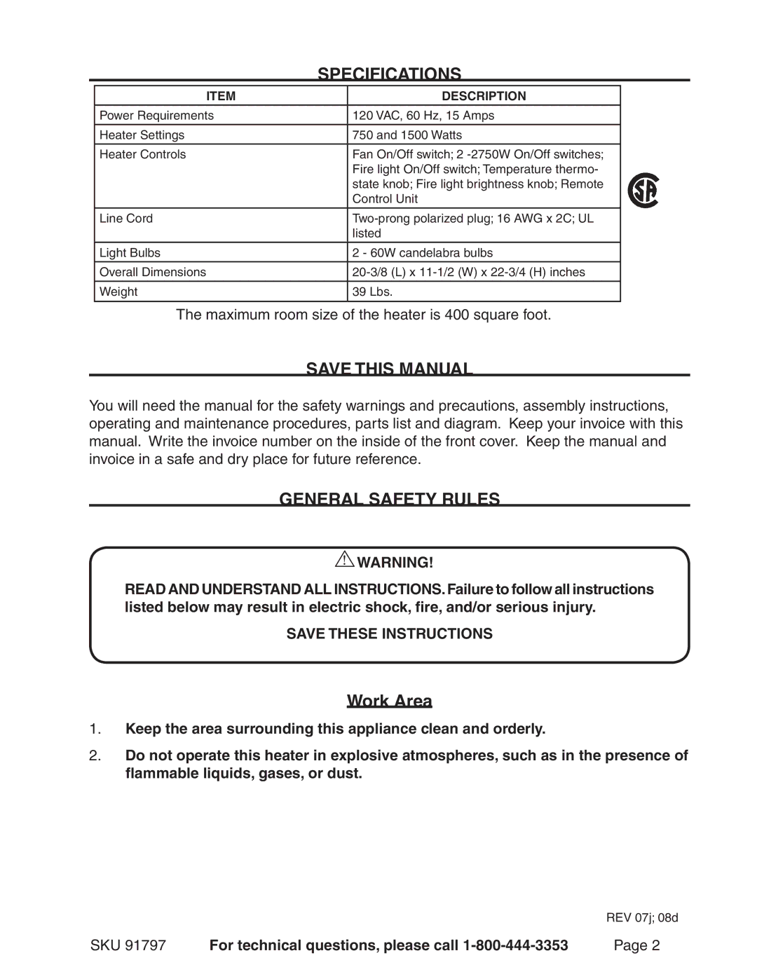 Chicago Electric 91797 manual Specifications, Save This Manual, General Safety Rules, Work Area 