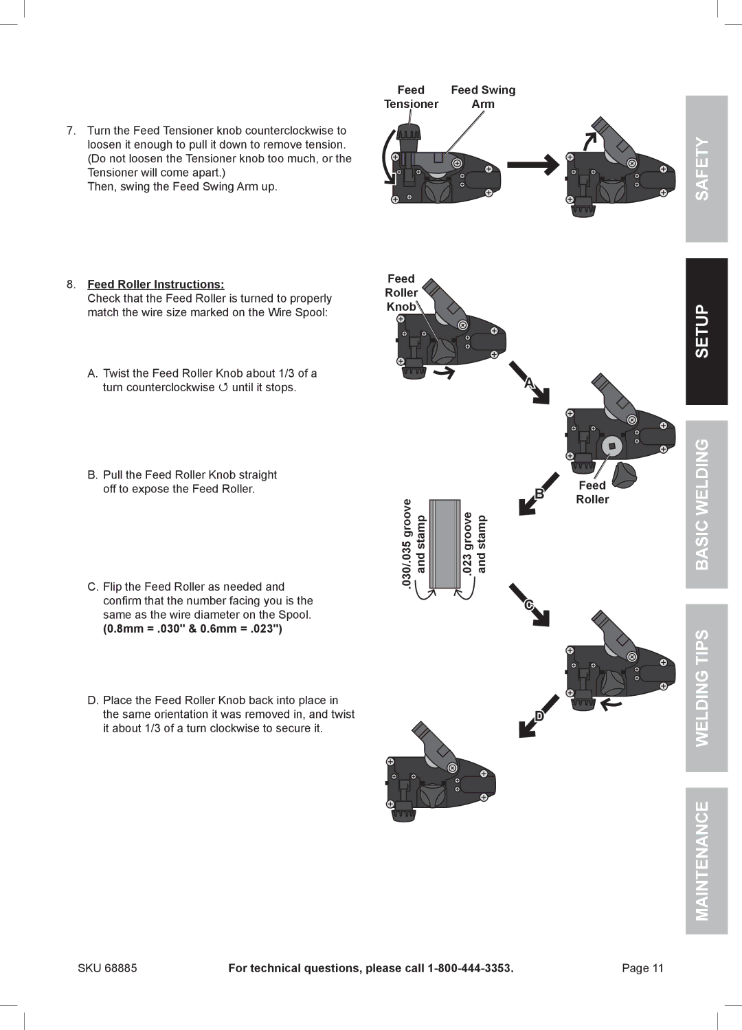 Chicago Electric MIG 170 owner manual Tensioner Arm, Feed Roller Instructions, 8mm = .030 & 0.6mm = 