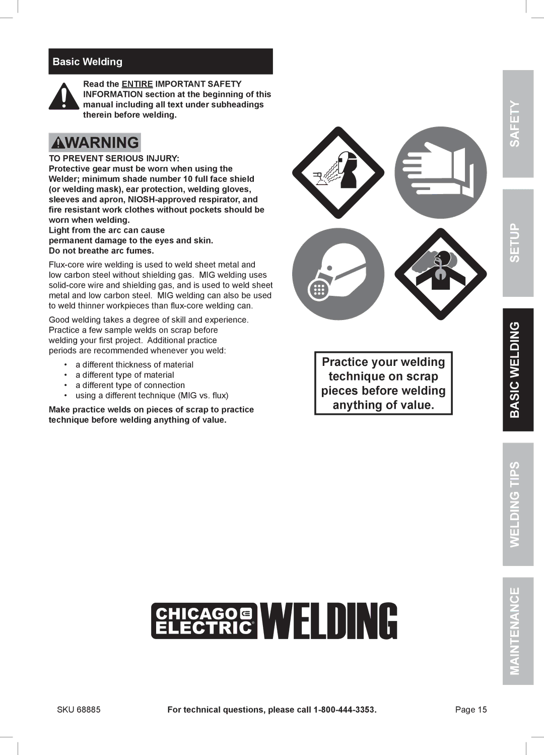 Chicago Electric MIG 170 owner manual Safety Setup Basic Welding Welding Tips Maintenance, To Prevent Serious Injury 