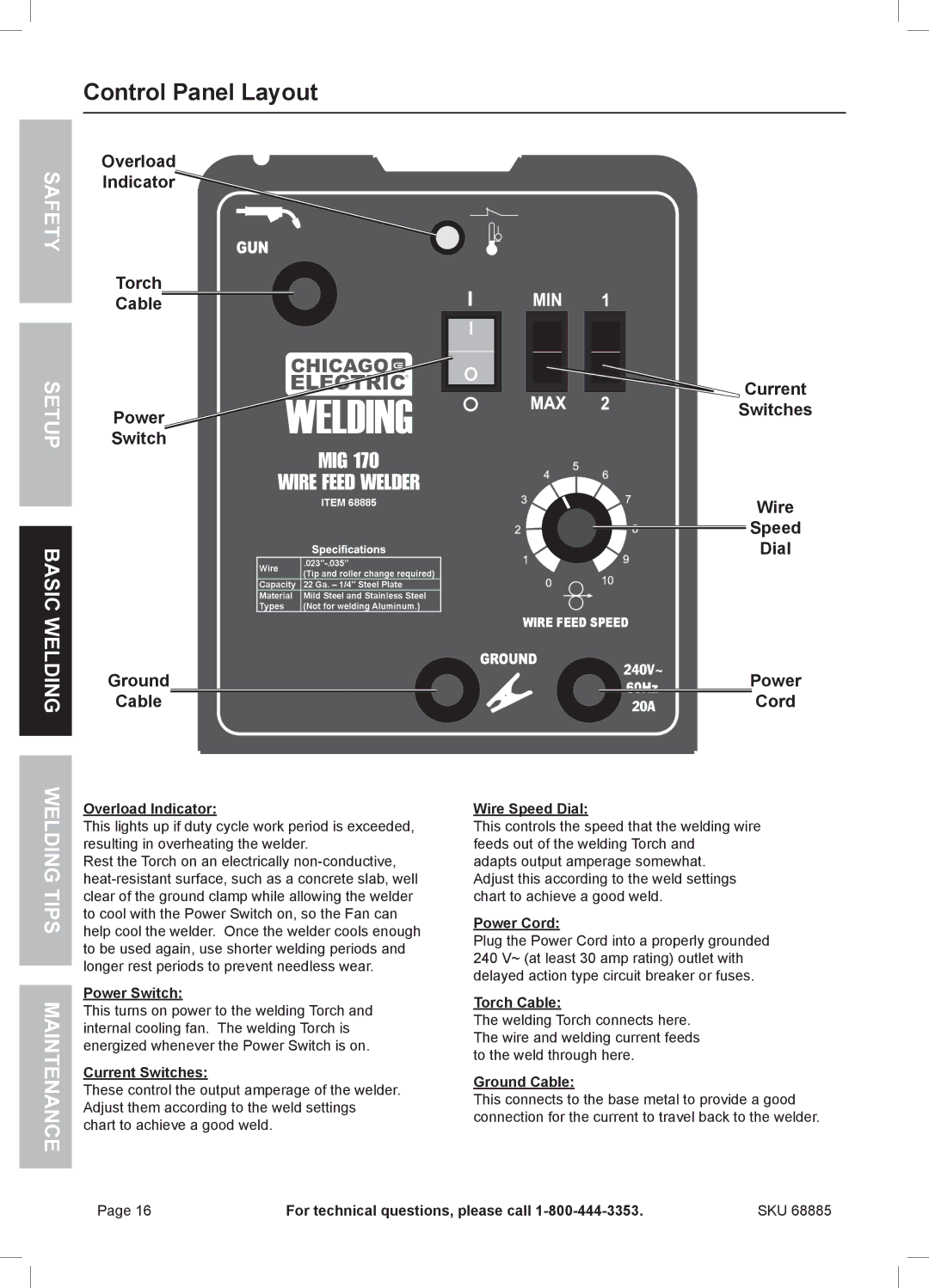 Chicago Electric MIG 170 owner manual Control Panel Layout, Wire, Dial, Cord 