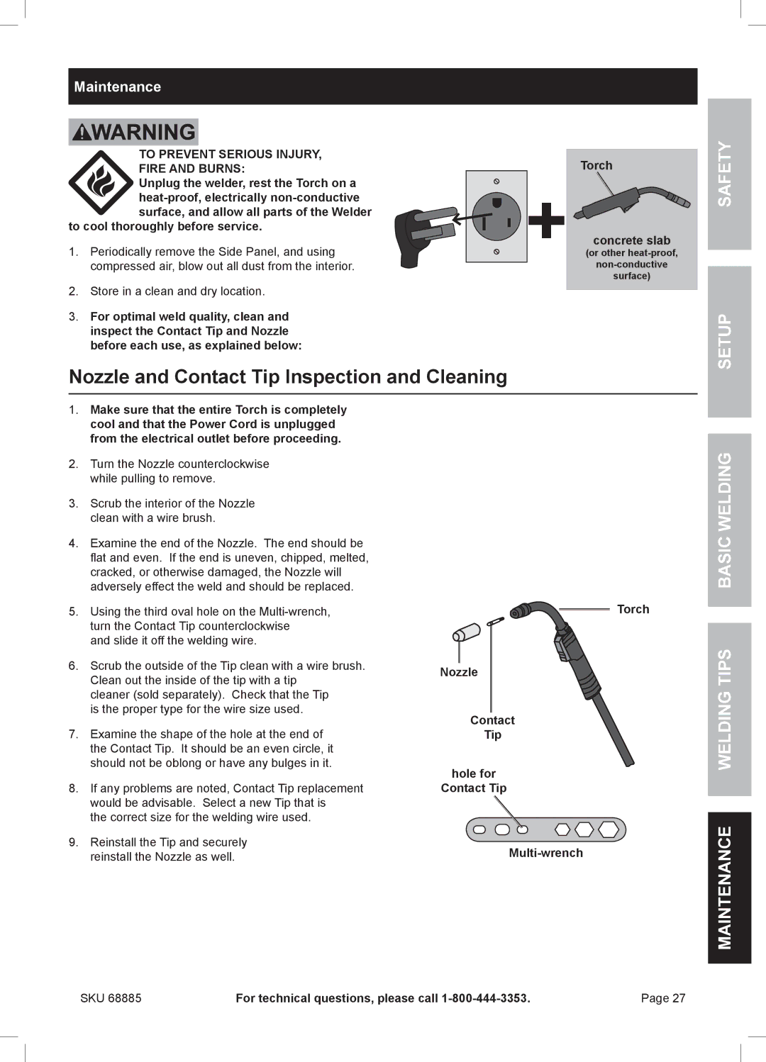 Chicago Electric MIG 170 owner manual Nozzle and Contact Tip Inspection and Cleaning, Maintenance, Fire and Burns 