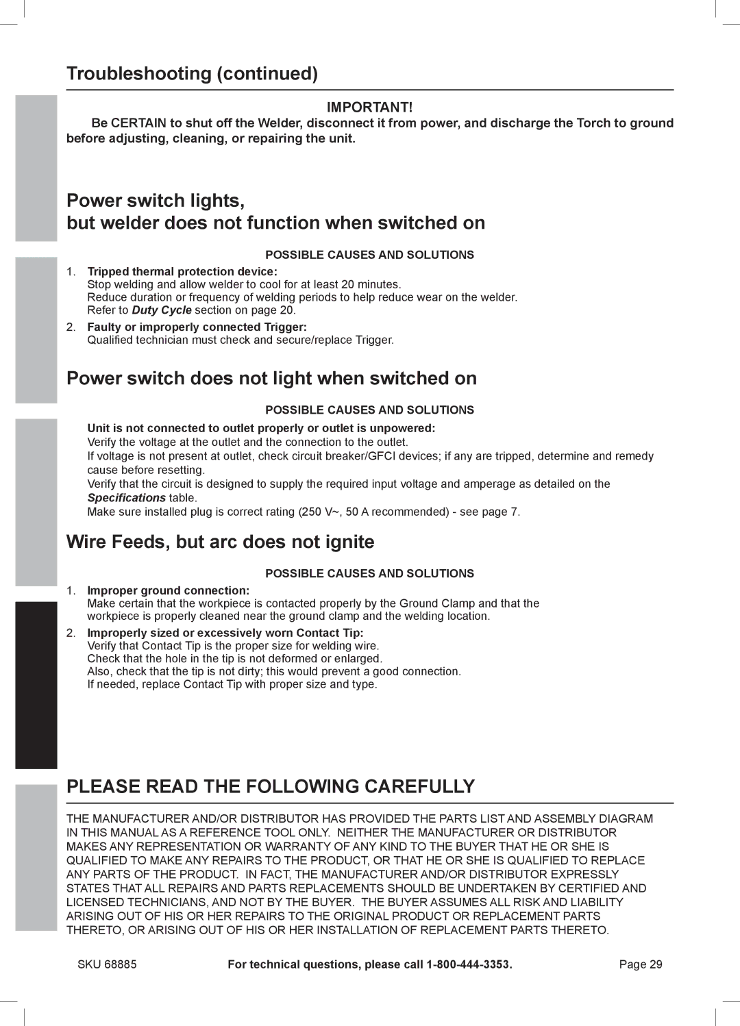 Chicago Electric MIG 170 owner manual Troubleshooting, Power switch does not light when switched on 