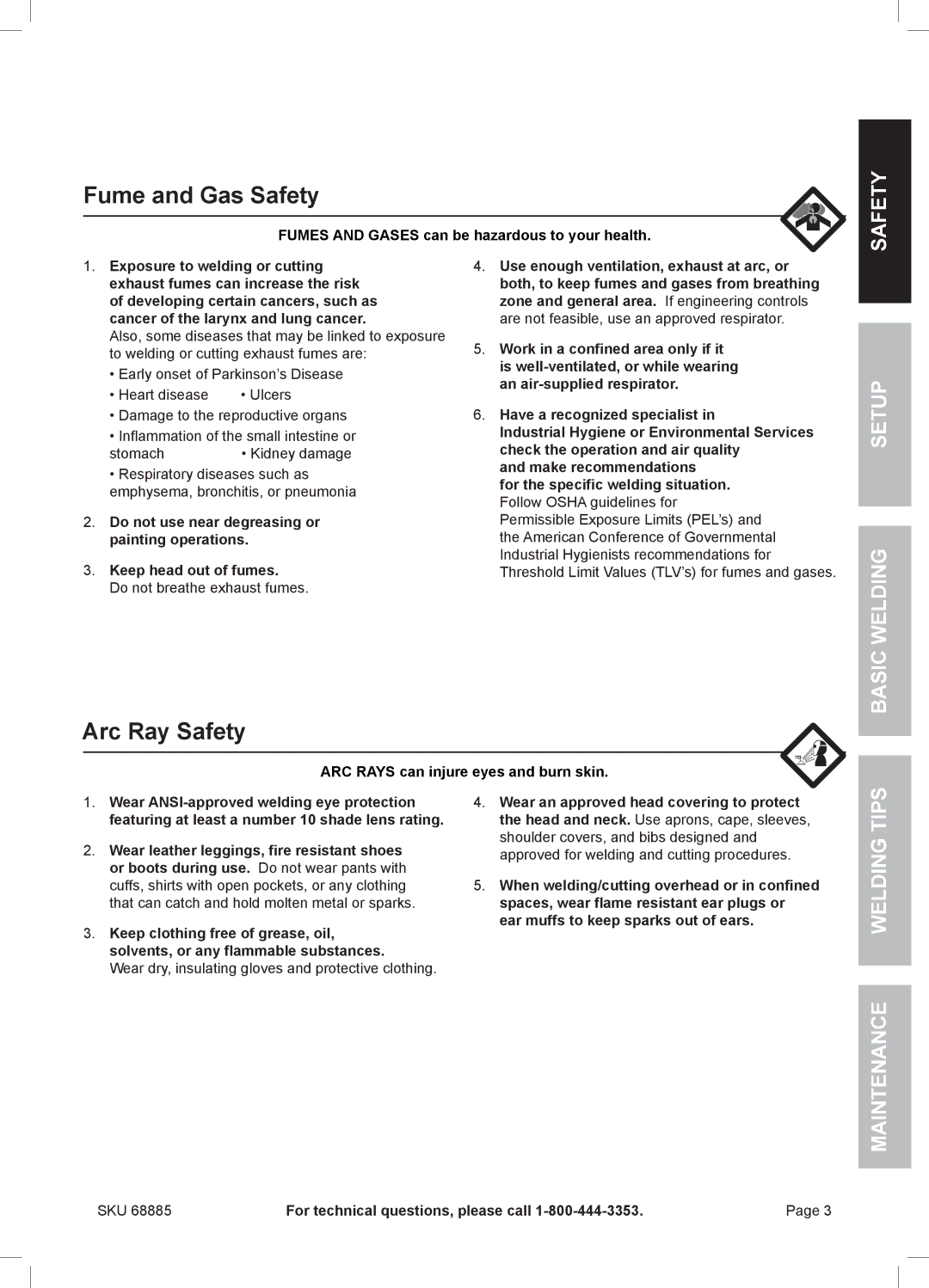 Chicago Electric MIG 170 owner manual Fume and Gas Safety, Arc Ray Safety, Setup Basic Welding Welding Tips Maintenance 