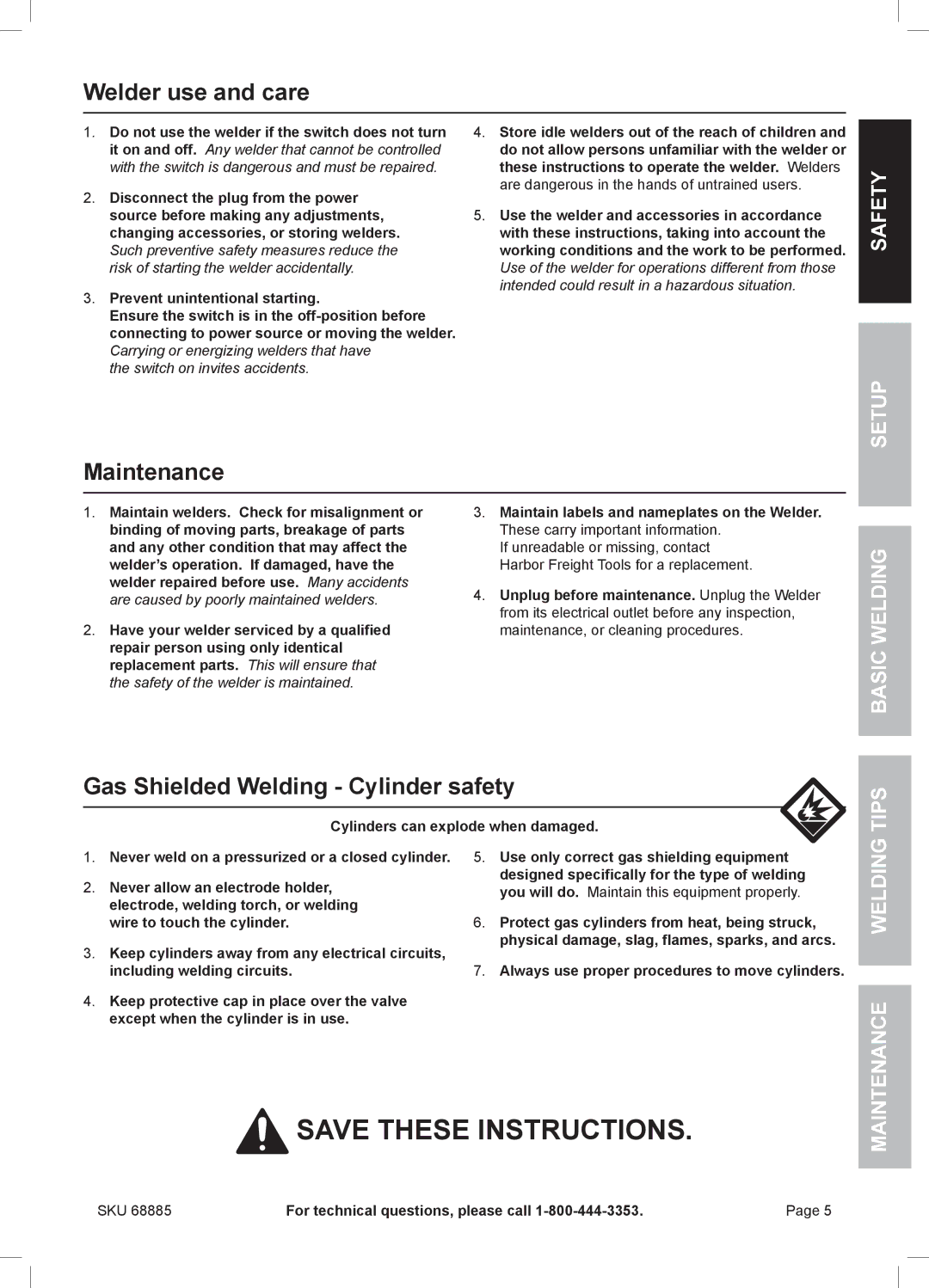 Chicago Electric MIG 170 Welder use and care, Gas Shielded Welding Cylinder safety, Tips, Welding Maintenance 